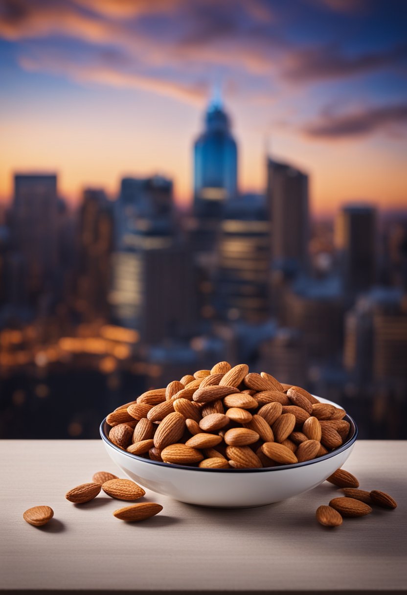 A bowl of buffalo spiced almonds sits on a table with a city skyline in the background