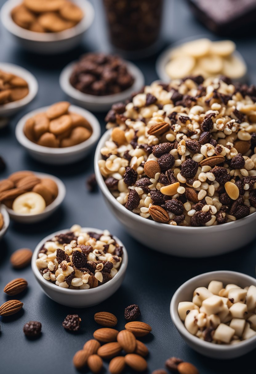 A city skyline with scattered cacao nib clusters and keto snacks