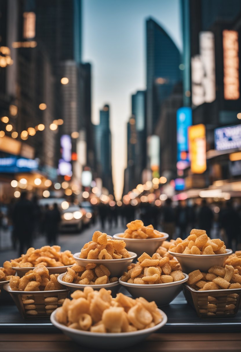 A bustling cityscape with iconic landmarks and streets lined with vendors selling keto-friendly pork rind snacks