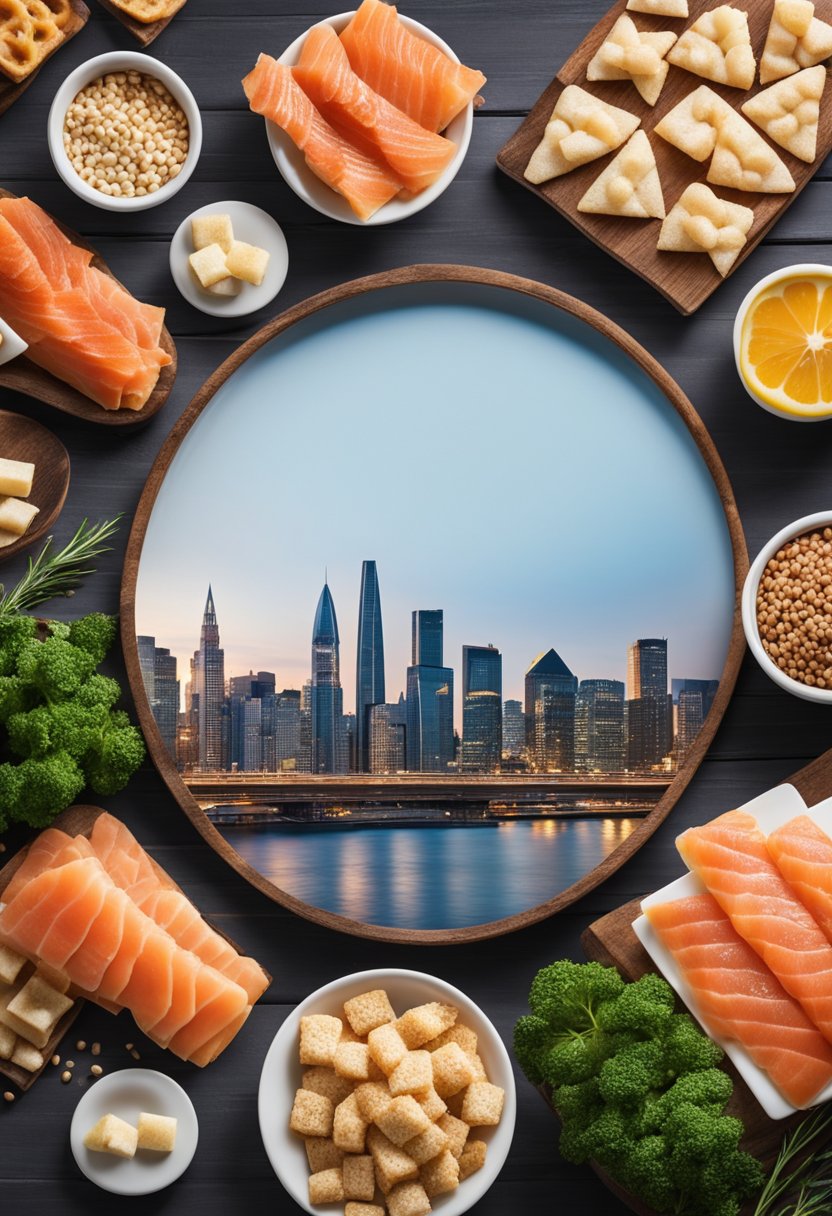 A city skyline with keto snacks arranged in a grid, with smoked salmon strips in the center