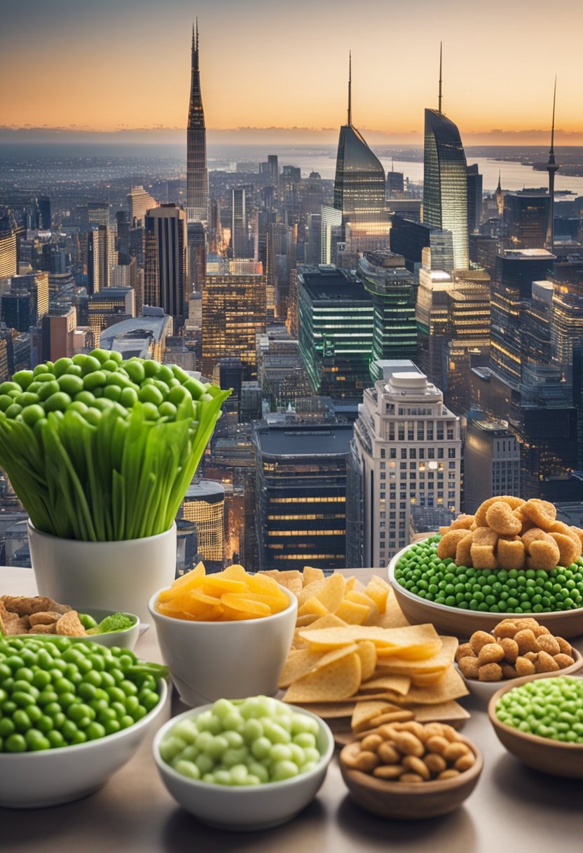 A cityscape with iconic landmarks, surrounded by a variety of keto-friendly snacks, including wasabi-flavored peas, displayed on a table