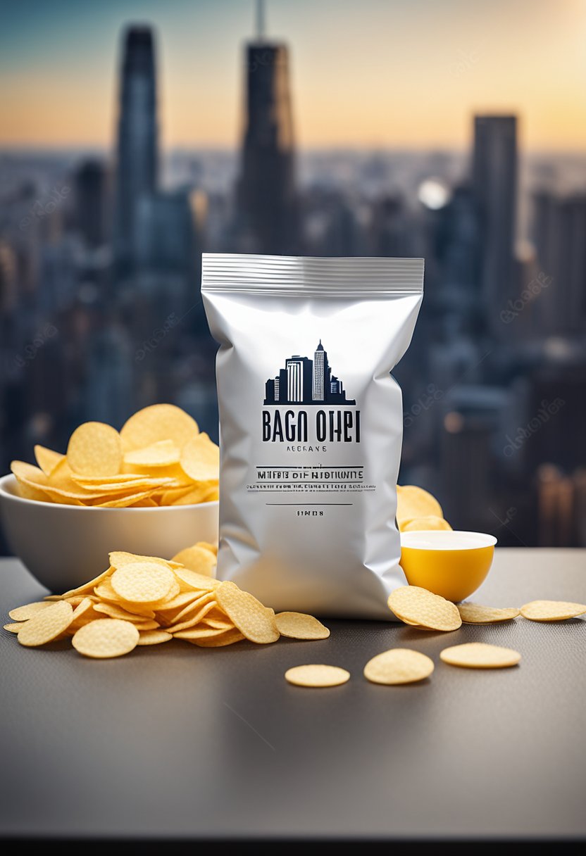 A bag of egg white chips sits on a table overlooking a city skyline