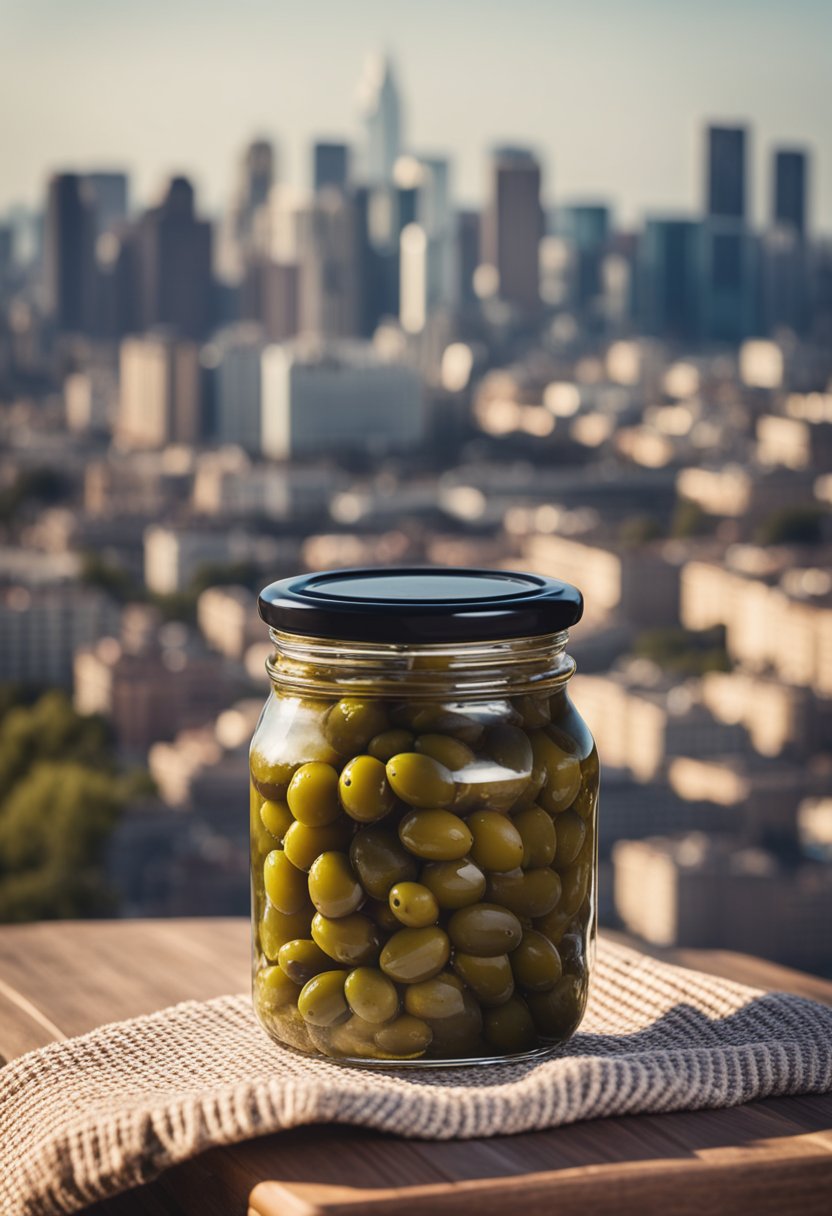 A small jar of olive tapenade sits on a picnic blanket with a view of a city skyline in the background