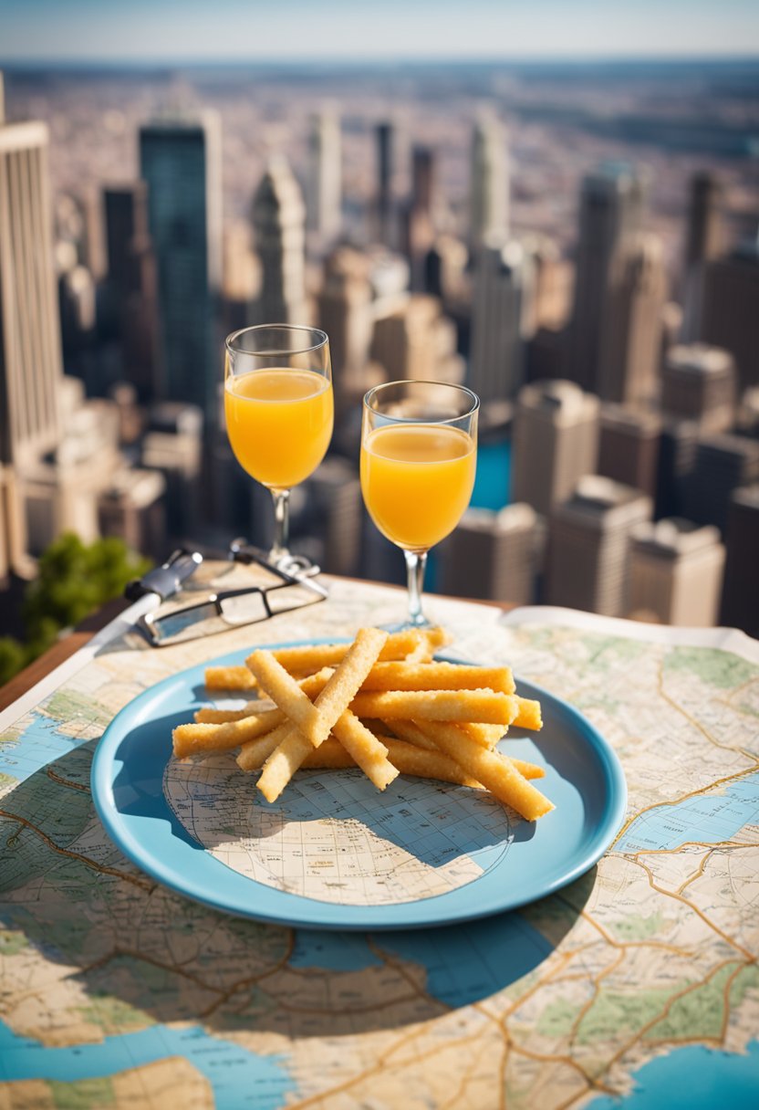 A platter of pepper jack cheese sticks next to a map and binoculars on a city skyline backdrop