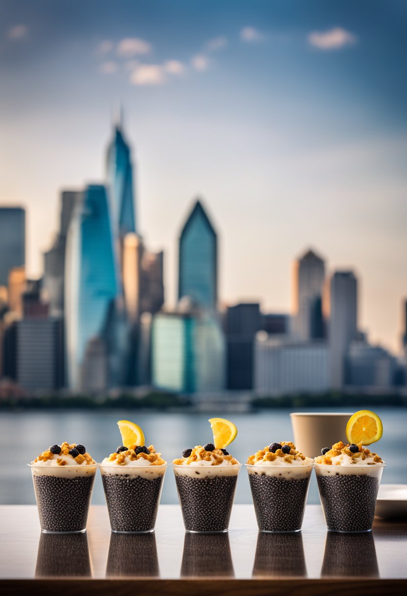 A table with 25 chia seed pudding cups arranged in front of a city skyline backdrop