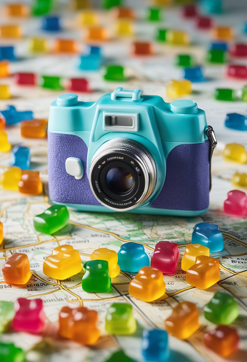 A colorful bag of sugar-free gummy bears placed next to a map and camera, with iconic city landmarks in the background