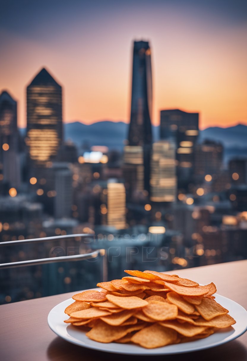 A plate of pepperoni chips arranged with city skyline in background