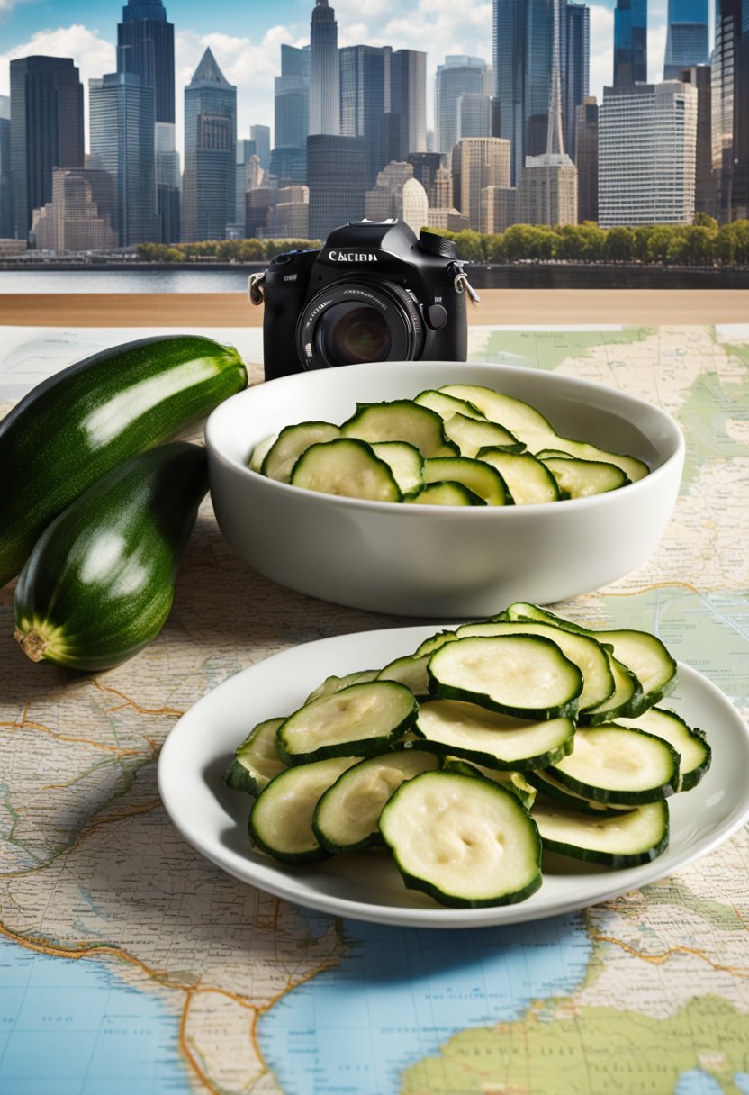 A plate of zucchini chips displayed next to a map and camera, with city landmarks in the background