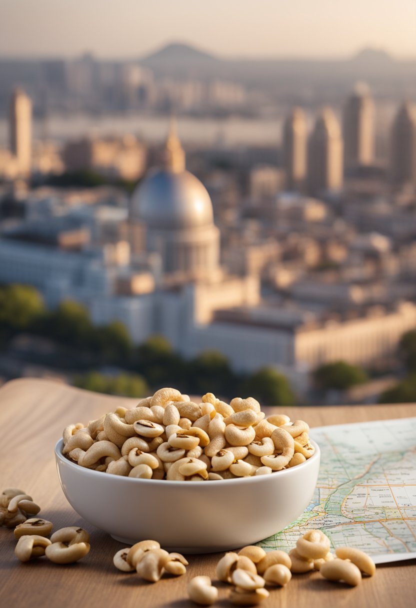 A pile of cashew clusters sits next to a map of Keto City, with iconic landmarks in the background