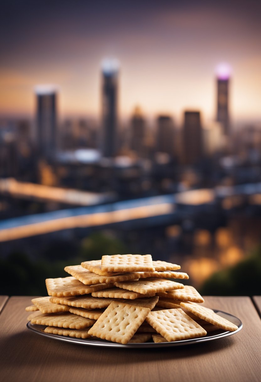 A pile of almond crackers sits on a table with a city skyline in the background