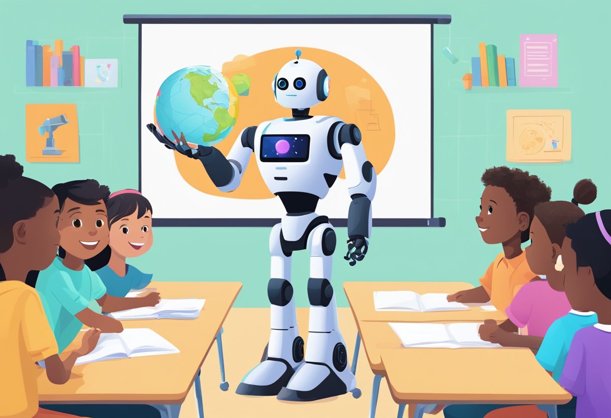 An AI-powered robot leads a classroom lesson, projecting interactive visuals on a digital screen while students engage with personalized learning activities