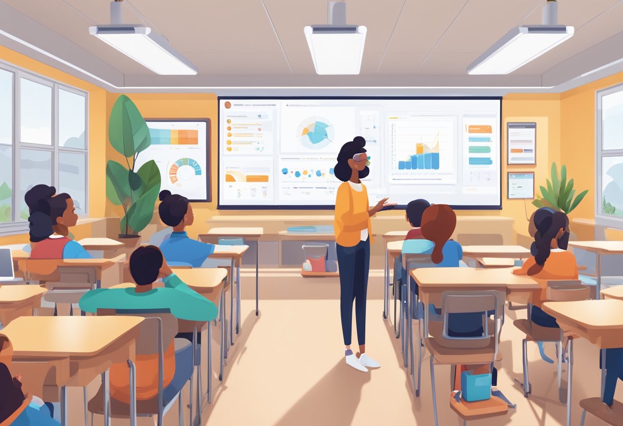 A classroom setting with AI-powered devices and interactive screens assisting a teacher in delivering personalized lessons to students