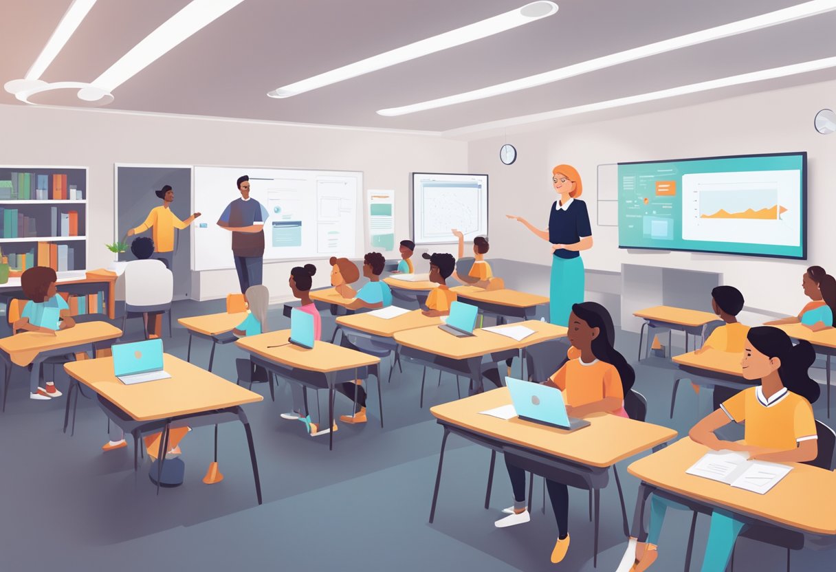 An AI-powered virtual assistant interacts with students and teachers in a modern classroom setting, enhancing the learning experience
