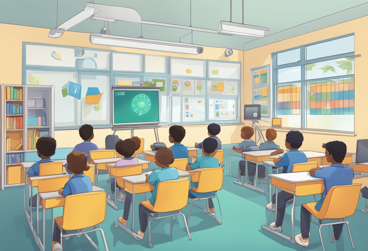 A classroom setting with AI technology integrated into teaching materials and tools, demonstrating the ethical considerations and challenges of AI in education
