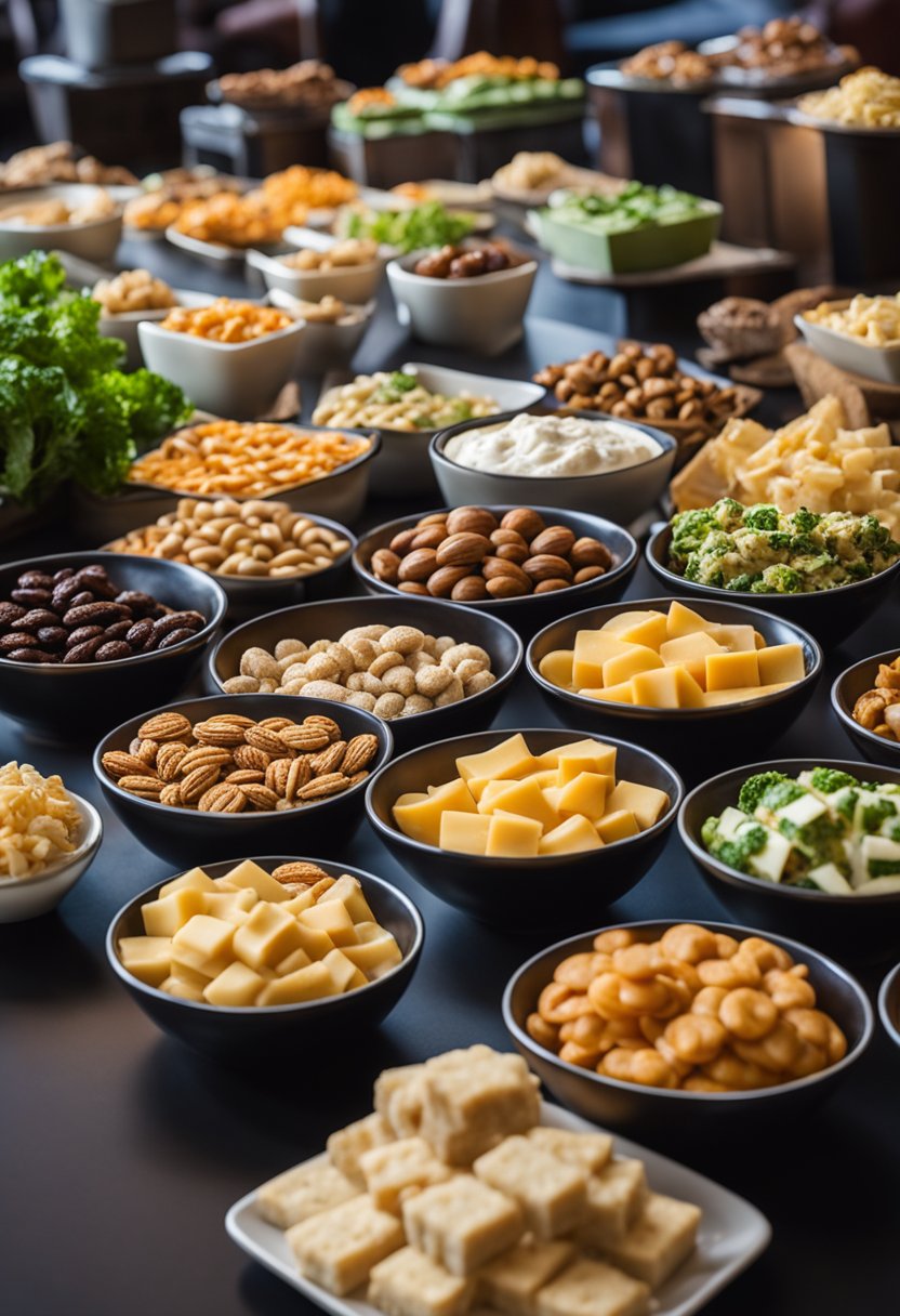 A colorful array of keto-friendly snacks displayed on a table at a theater intermission. Nuts, cheese, veggies, and dips are neatly arranged for patrons to enjoy