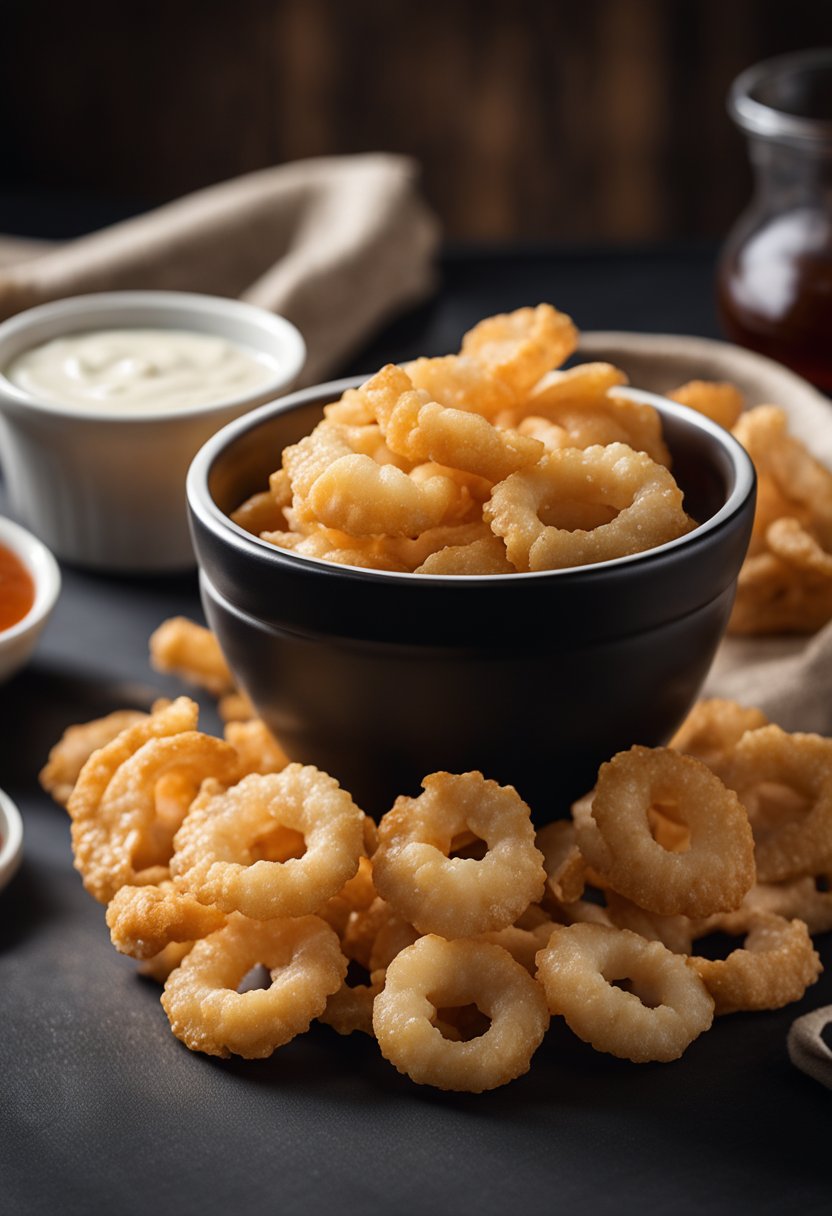 A bowl of pork rinds sits on a black table next to a stack of napkins and a small container of dipping sauce