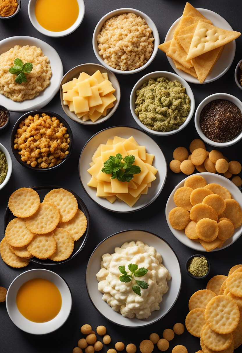 A platter of golden-brown cheese crisps arranged in a circular pattern, surrounded by small bowls of assorted keto-friendly dips and seasonings