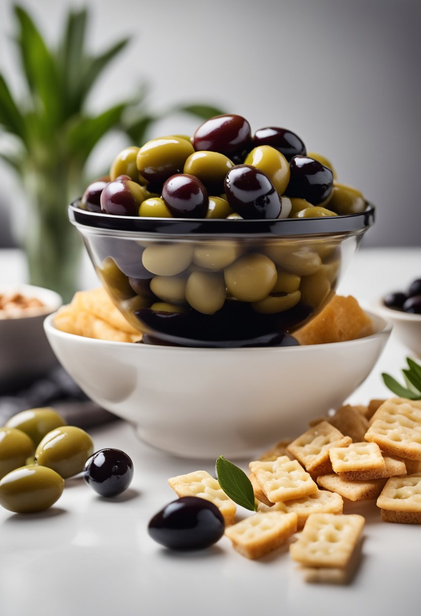 A bowl of olives surrounded by a variety of keto-friendly snacks on a theater intermission table