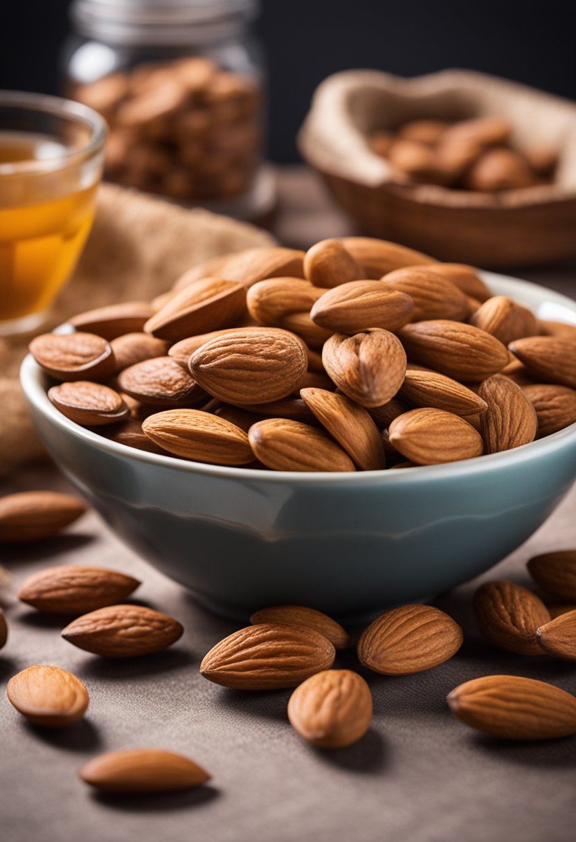 A bowl of almonds sits on a table, surrounded by low-carb snacks. The theater intermission scene is set with dim lighting and a cozy ambiance