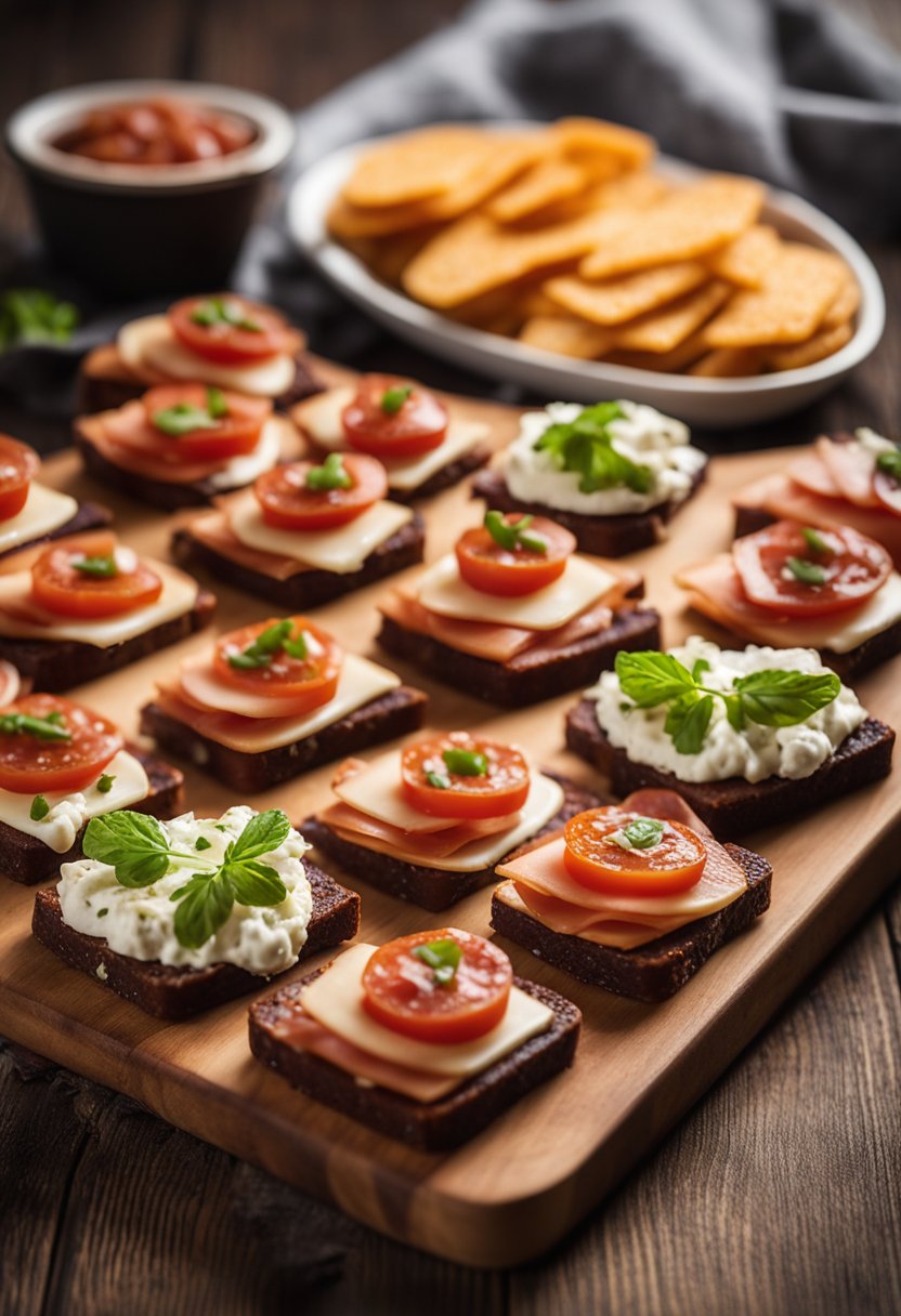 A platter of 20 keto theater intermission snacks, each topped with pepperoni slices, arranged on a wooden board