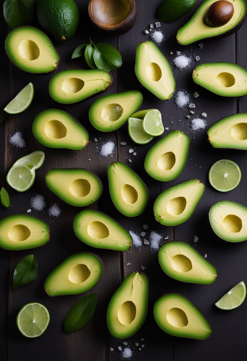 A plate of avocado slices arranged in a circle with a sprinkle of sea salt on a dark wooden table