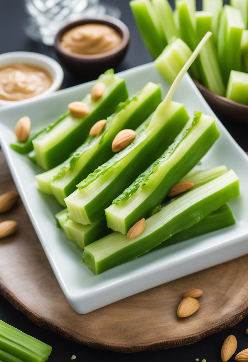 A plate of celery sticks topped with almond butter surrounded by 20 keto theater intermission snacks