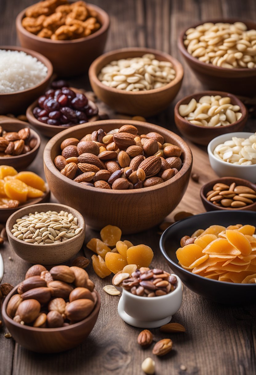 A variety of keto-friendly nuts, seeds, and dried fruits are scattered on a wooden cutting board, surrounded by small bowls and a handful of snack-sized ziplock bags