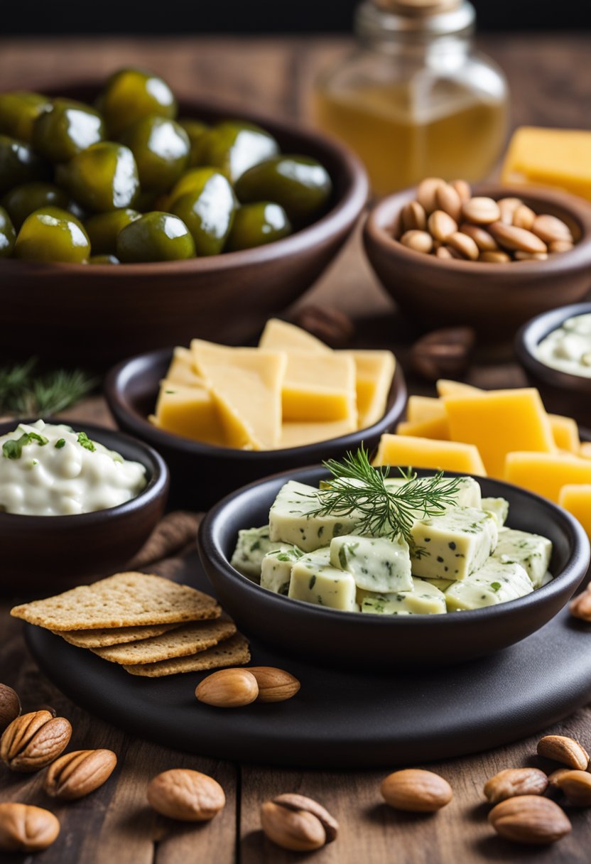 A platter of keto-friendly snacks including dill pickles, cheese cubes, and nuts arranged on a wooden board with a small bowl of dip