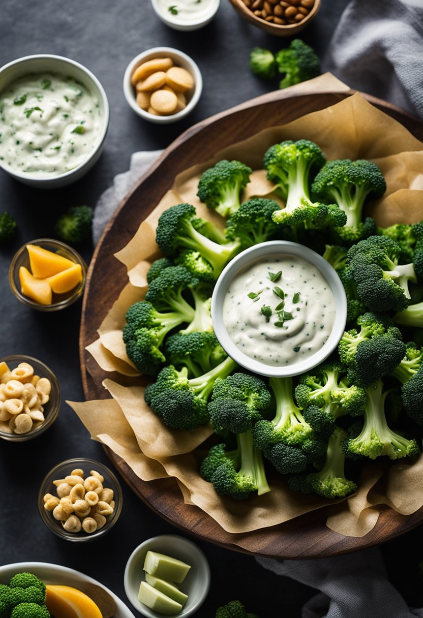 A platter of broccoli florets with a side of ranch dip surrounded by a variety of keto-friendly snacks