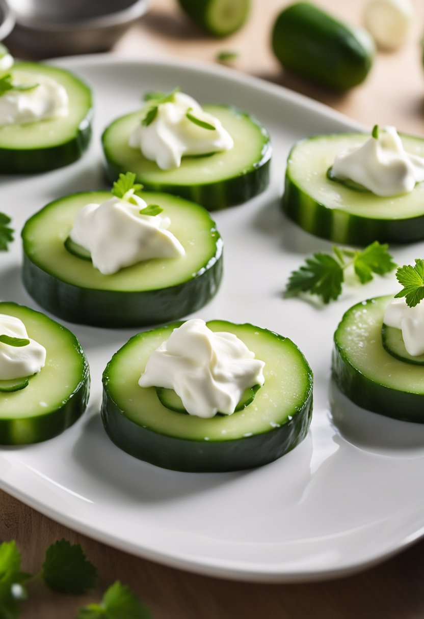 Cucumber slices topped with cream cheese arranged on a platter