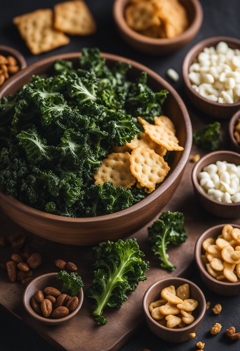 A bowl of crispy kale chips surrounded by small containers of keto-friendly snacks on a theater intermission table