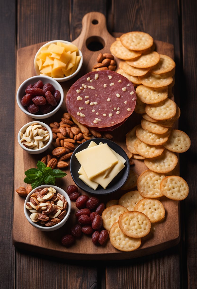 A platter of salami chips arranged with cheese and nuts on a wooden board, set against a dark backdrop with theater seats in the background