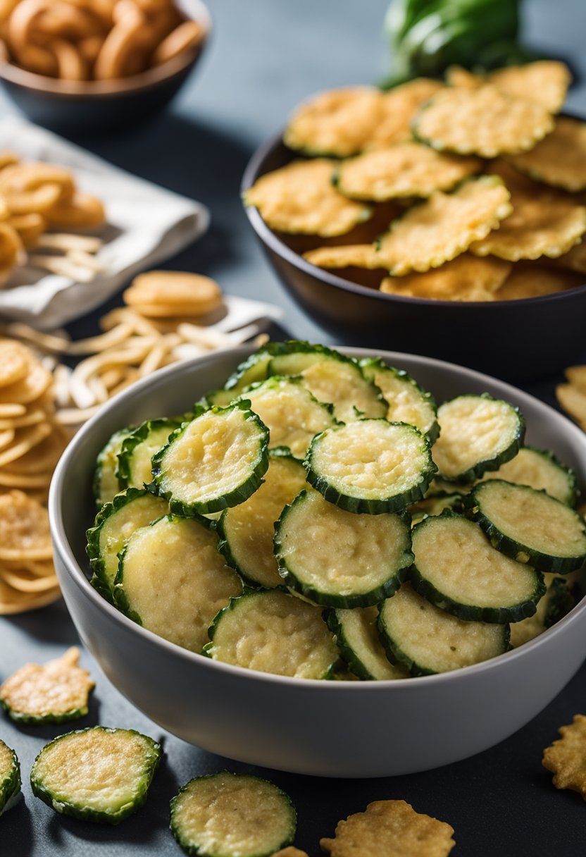 A bowl of crispy zucchini chips surrounded by keto-friendly snacks on a theater intermission table