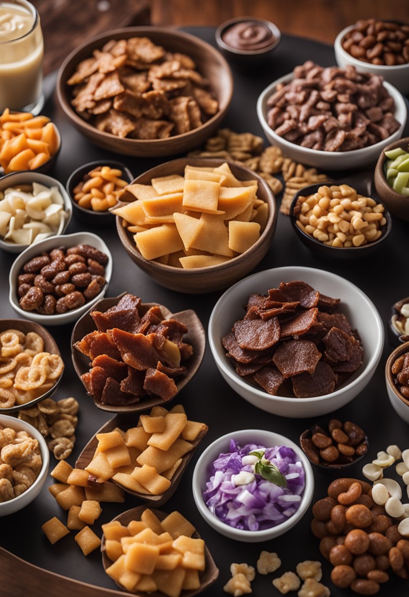 A bowl of jerky bites surrounded by keto-friendly snacks on a theater intermission table