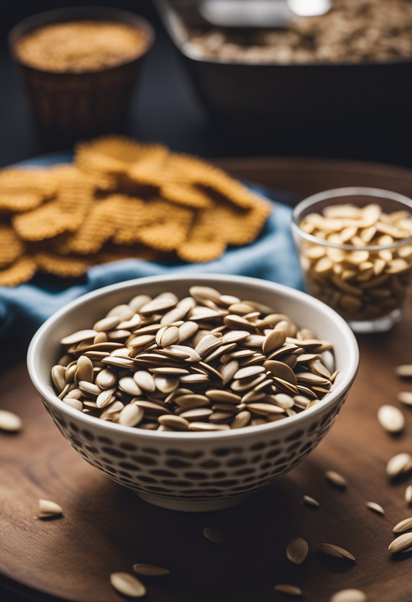 A bowl of sunflower seeds sits on a table next to a keto snack spread during intermission at a theater