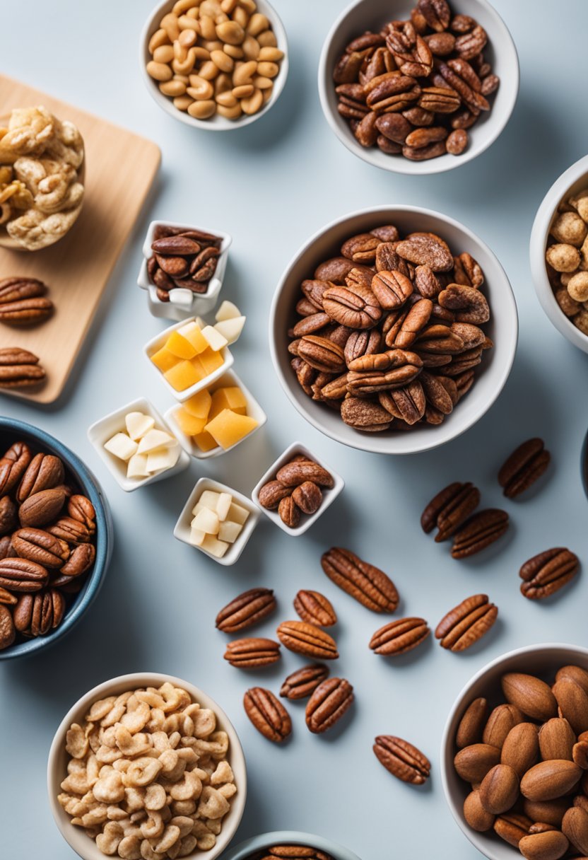 A bowl of pecans surrounded by small containers of keto-friendly snacks on a theater intermission table