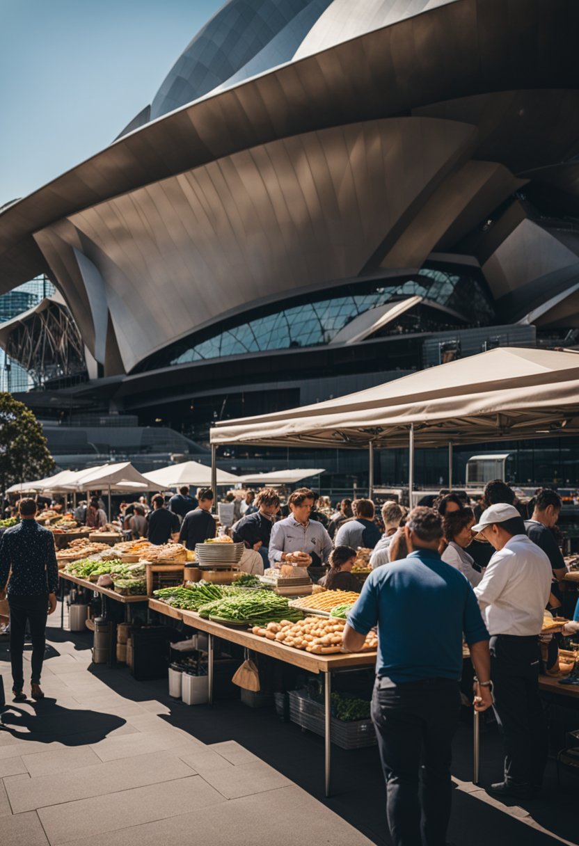 A bustling keto food market outside the Sydney Opera House, with vendors selling a variety of low-carb options