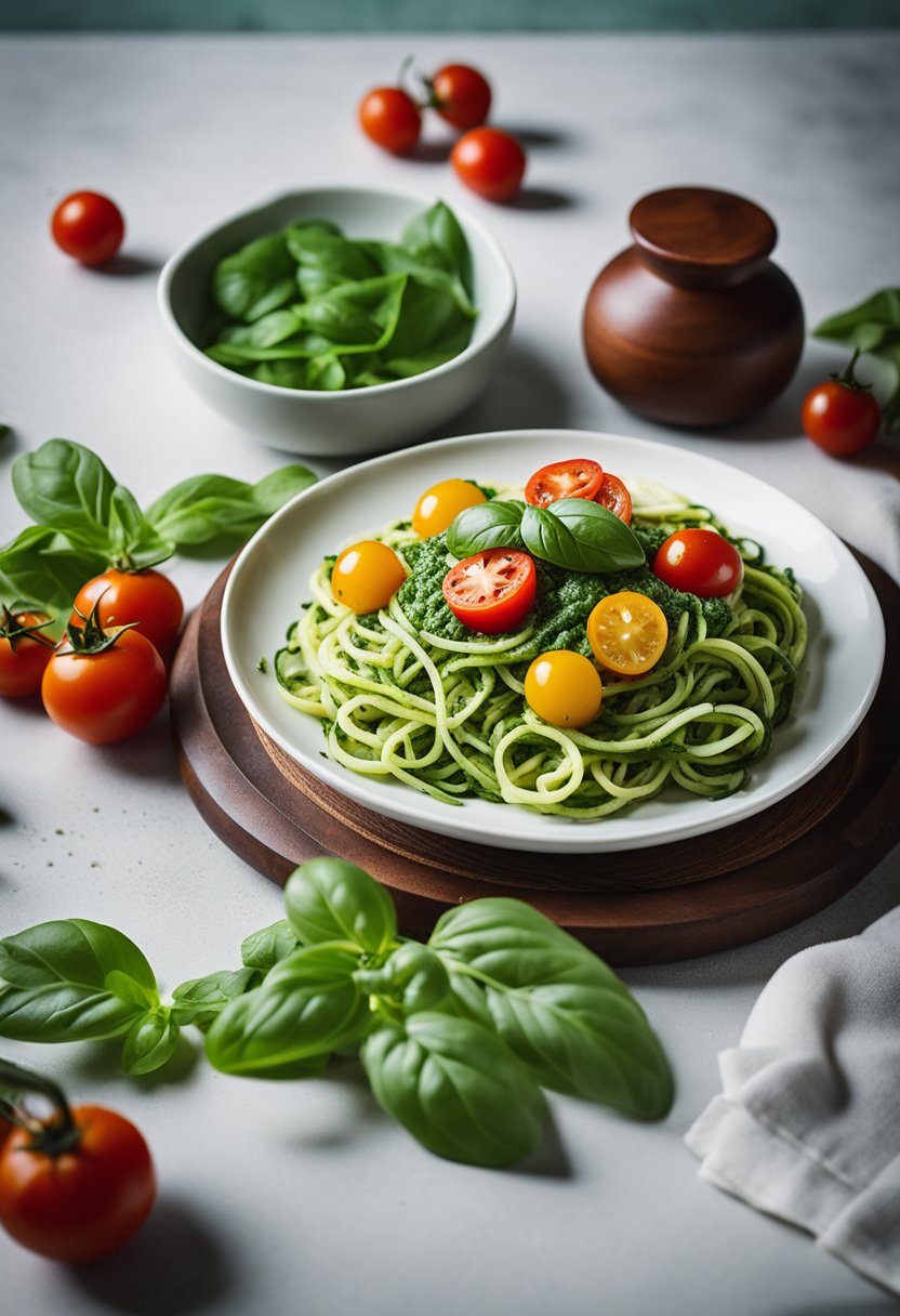 A plate of zucchini noodles topped with basil pesto surrounded by vibrant green basil leaves and cherry tomatoes