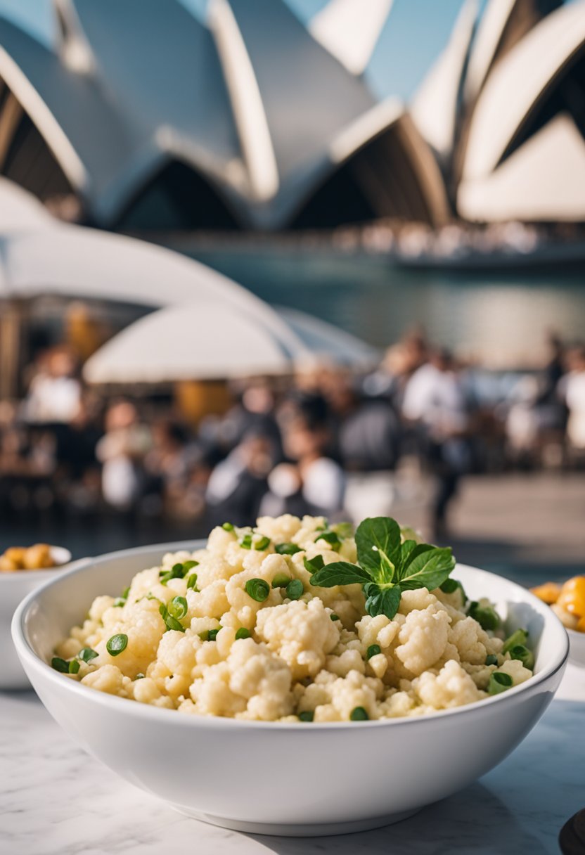 A bowl of cauliflower risotto surrounded by keto-friendly food options in front of the Opera House