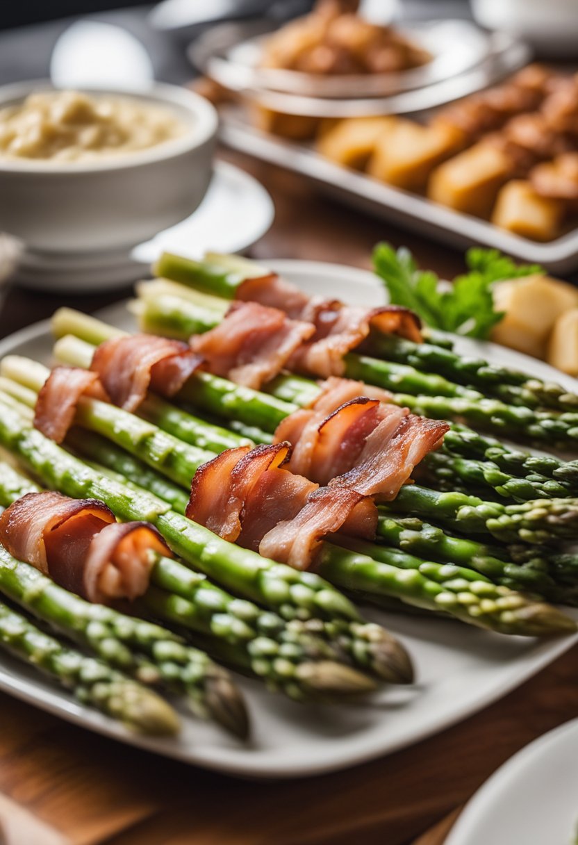 Asparagus spears wrapped in bacon arranged on a plate, with a variety of keto-friendly opera house food options in the background