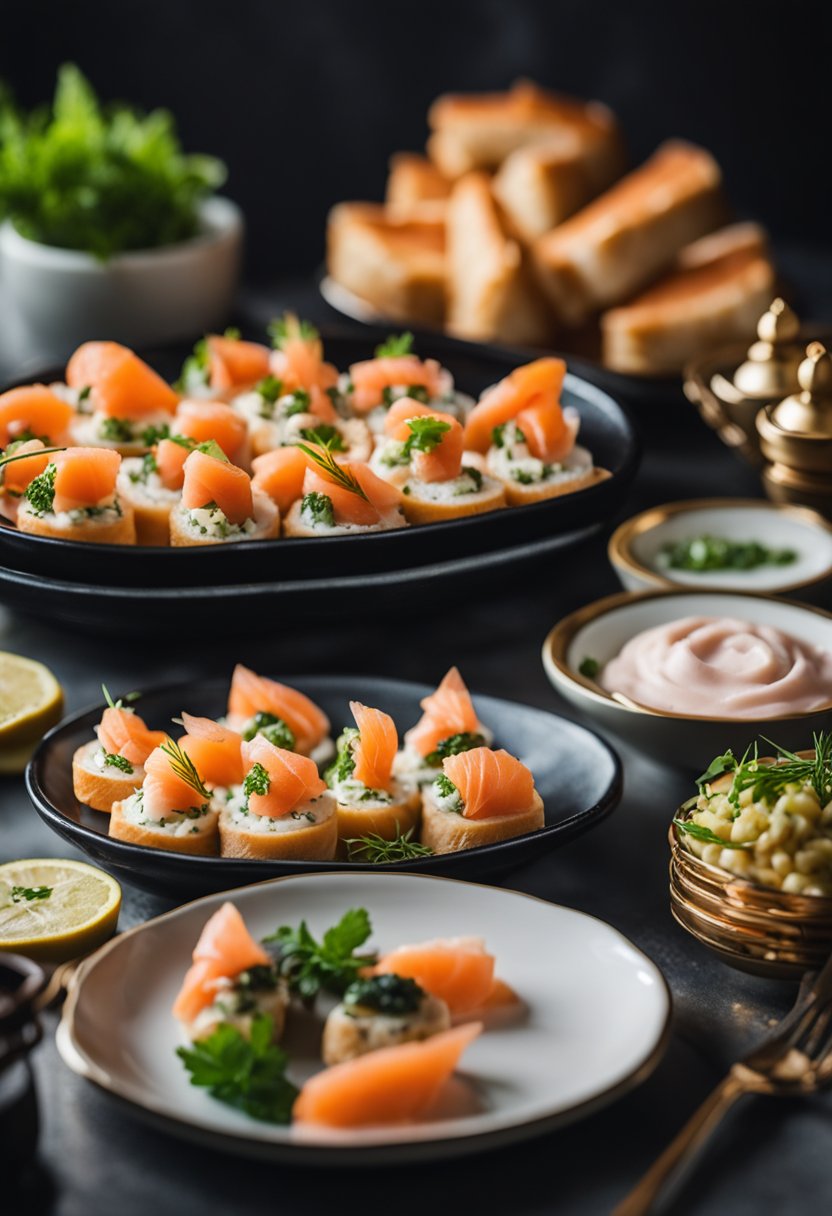 A platter of smoked salmon roll-ups surrounded by keto-friendly opera house food options