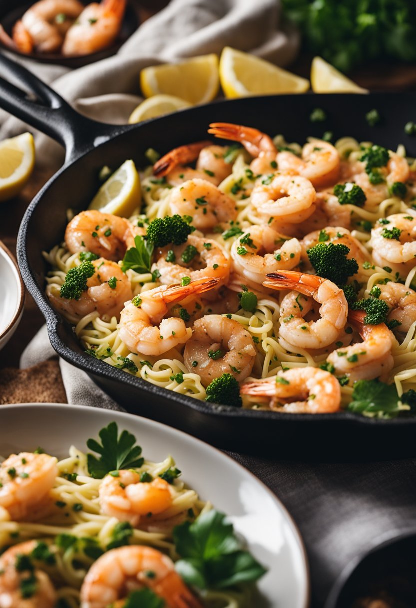 A sizzling skillet of garlic butter shrimp scampi surrounded by keto-friendly opera house food options