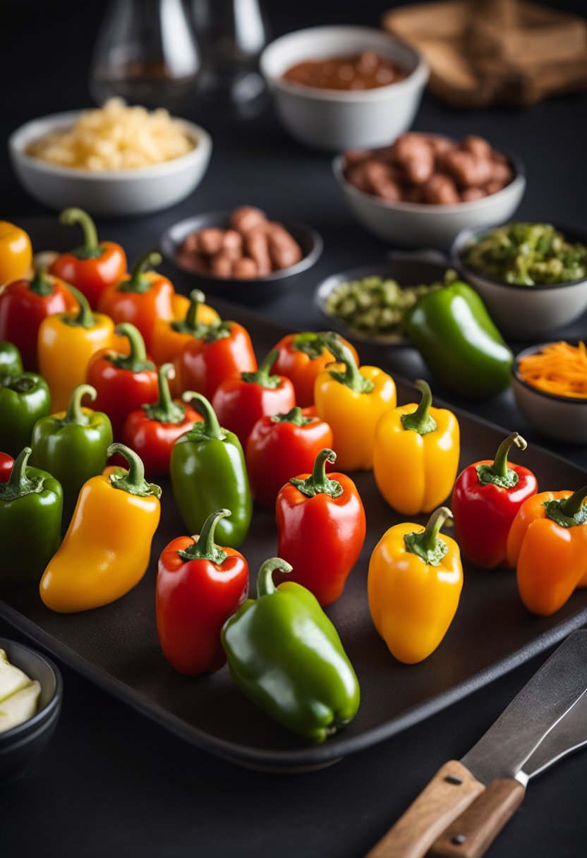 Mini peppers stuffed with sausage arranged on a platter with other keto-friendly opera house food options