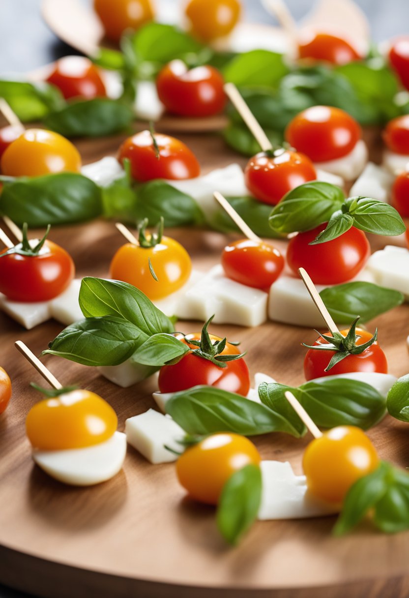 A wooden platter with skewers of cherry tomatoes, mozzarella, and basil, arranged in a neat row