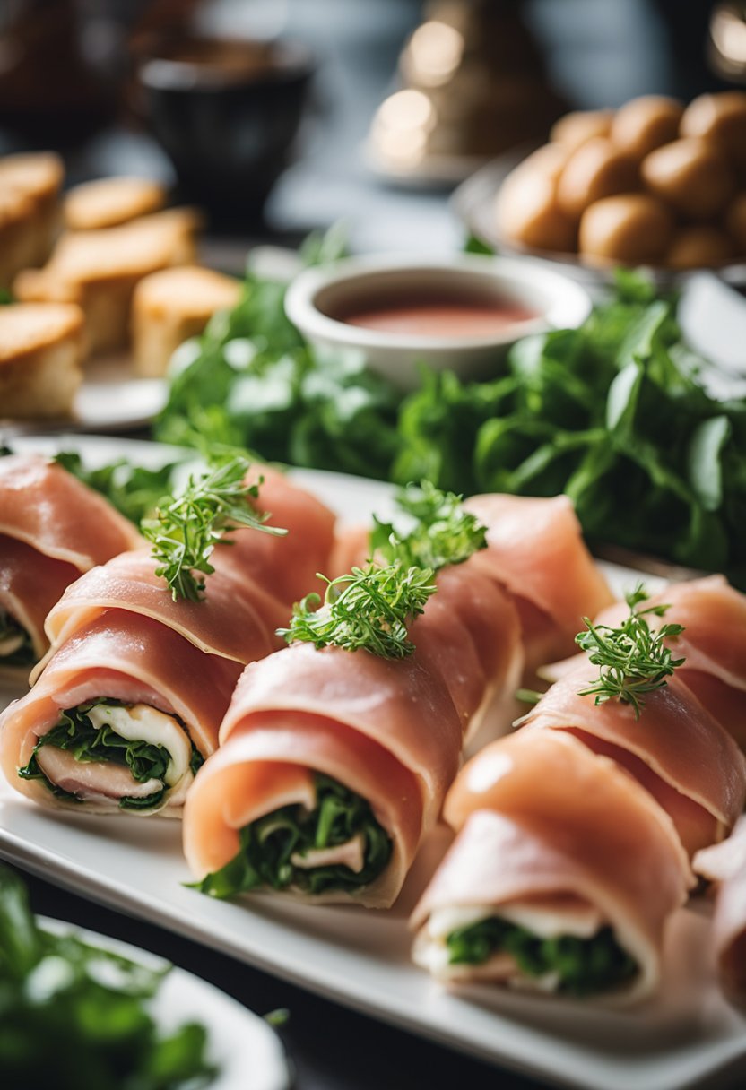 A platter of prosciutto and arugula rolls surrounded by other keto opera house food options