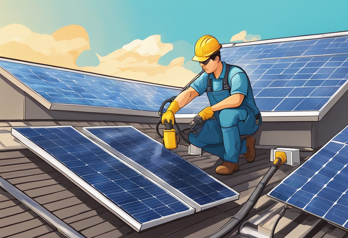 A technician inspects and cleans solar panels on a rooftop