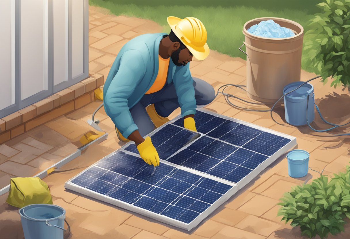 A figure wipes down a solar panel with a soft cloth, inspecting for dirt and damage. Nearby, a bucket of soapy water and a hose lay ready for use