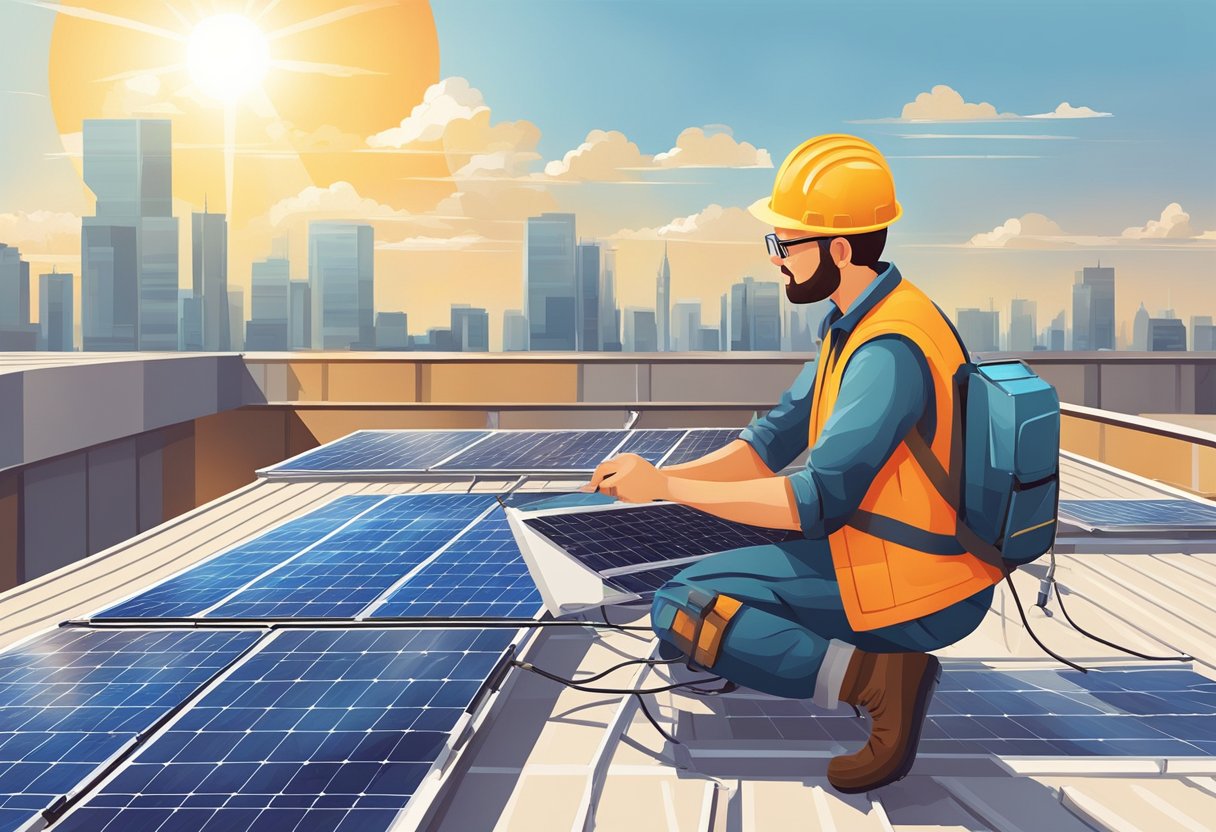 A technician inspects and repairs solar panels on a sunny rooftop