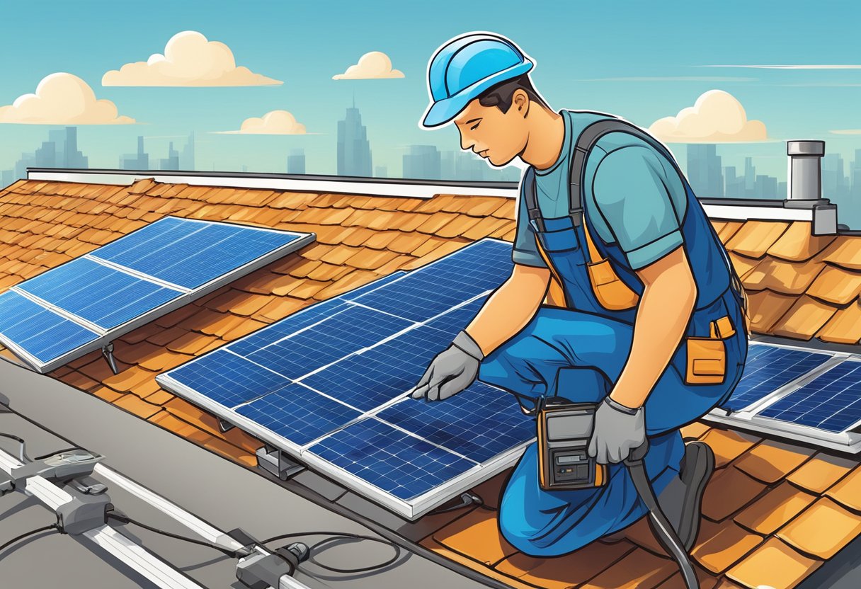 A technician installs and maintains solar panels on a rooftop