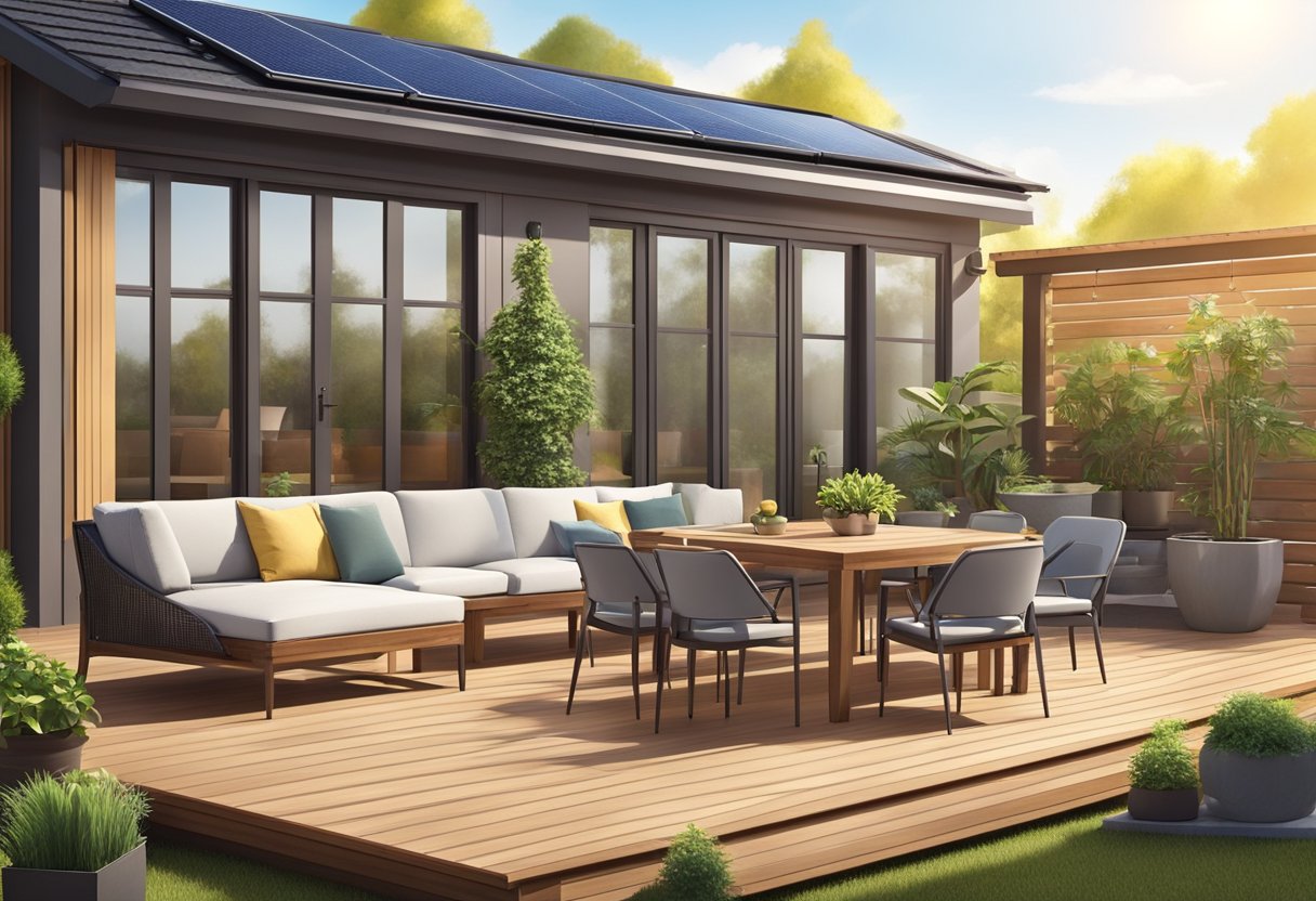 A sunny backyard with a sleek, modern home solar generator positioned on a wooden deck, surrounded by potted plants and a comfortable outdoor seating area